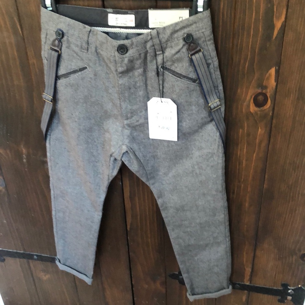 Zara boys trouser pants suspenders grey tweed 7